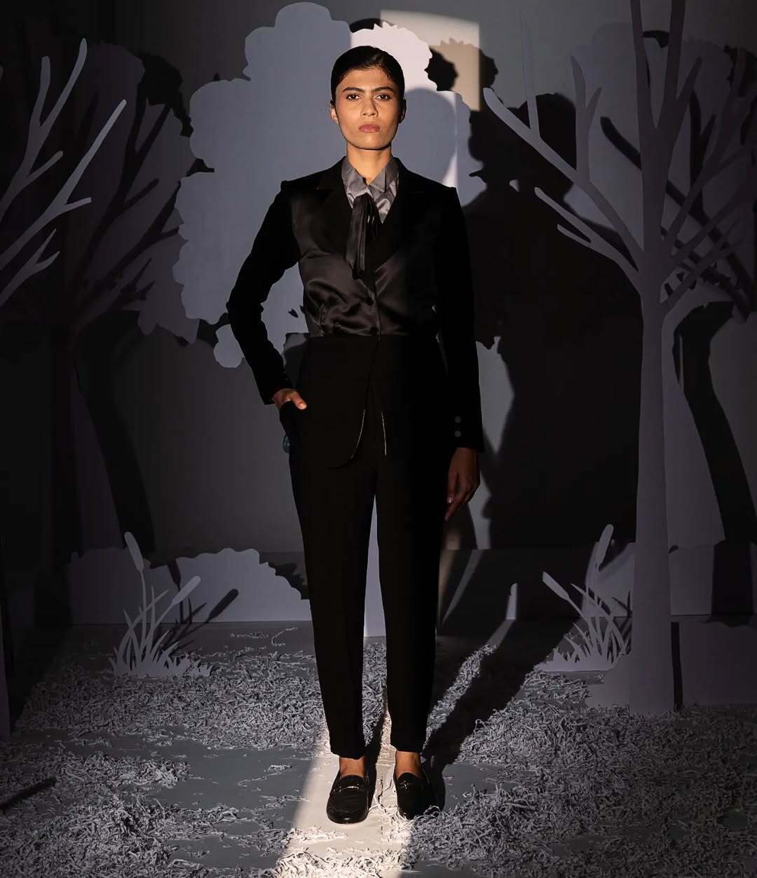 Black satin woman's tuxedo